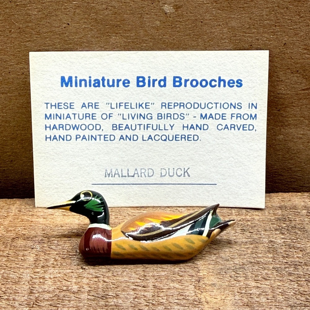 Hand Carved Hardwood Mallard Duck Miniature Bird Brooch Hand Painted Lacquered